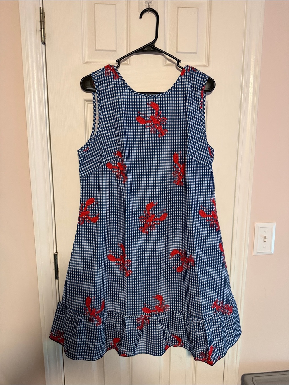 Womens Navy Gingham Dress with Red Lobster Print